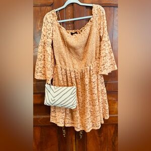 TRAC DRESS 2X 3X 4X Peach Coral Smocked Lace Bell Sleeve Babydoll Mini Dress